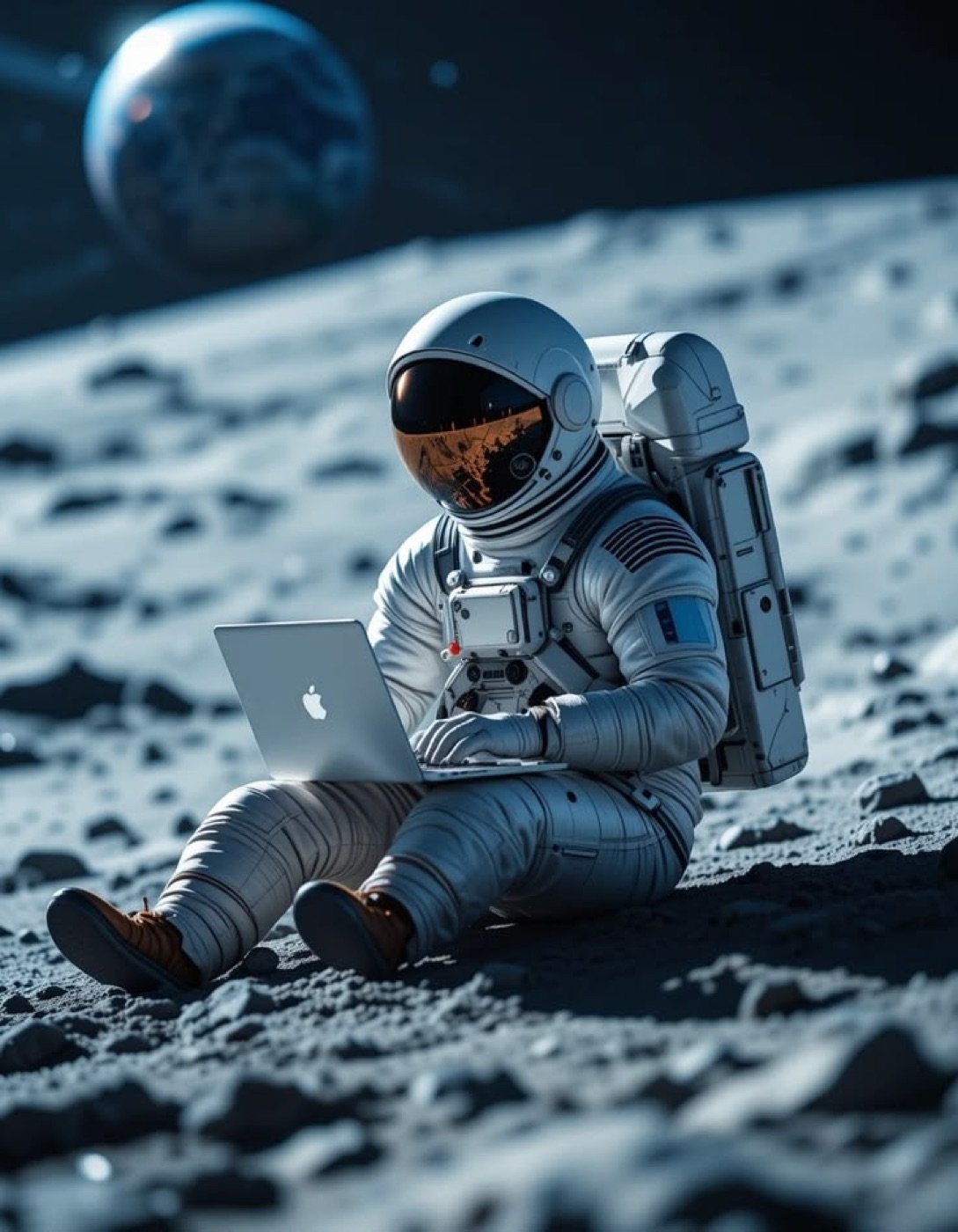 Astronaut with laptop on the moon