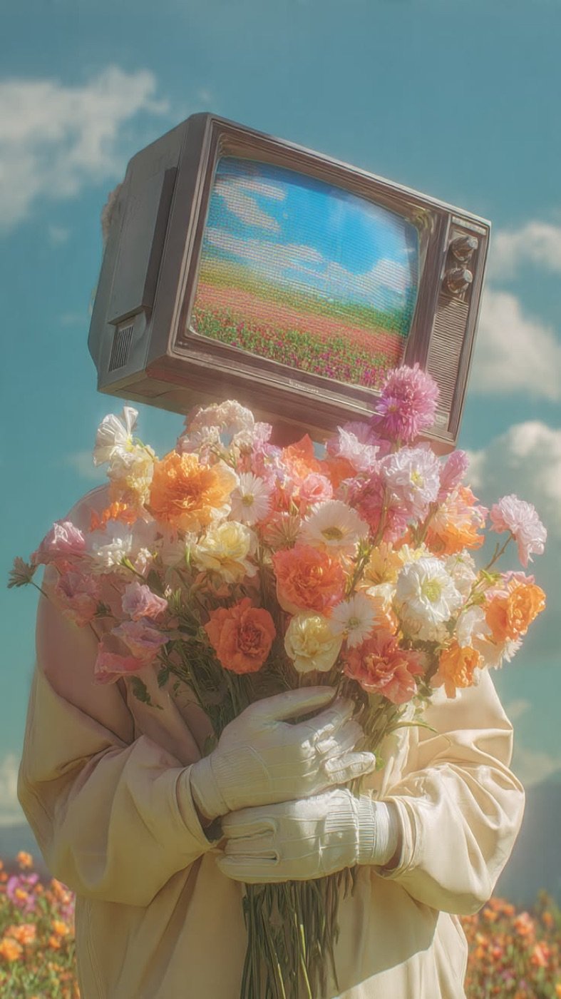 Vintage TV head with flowers
